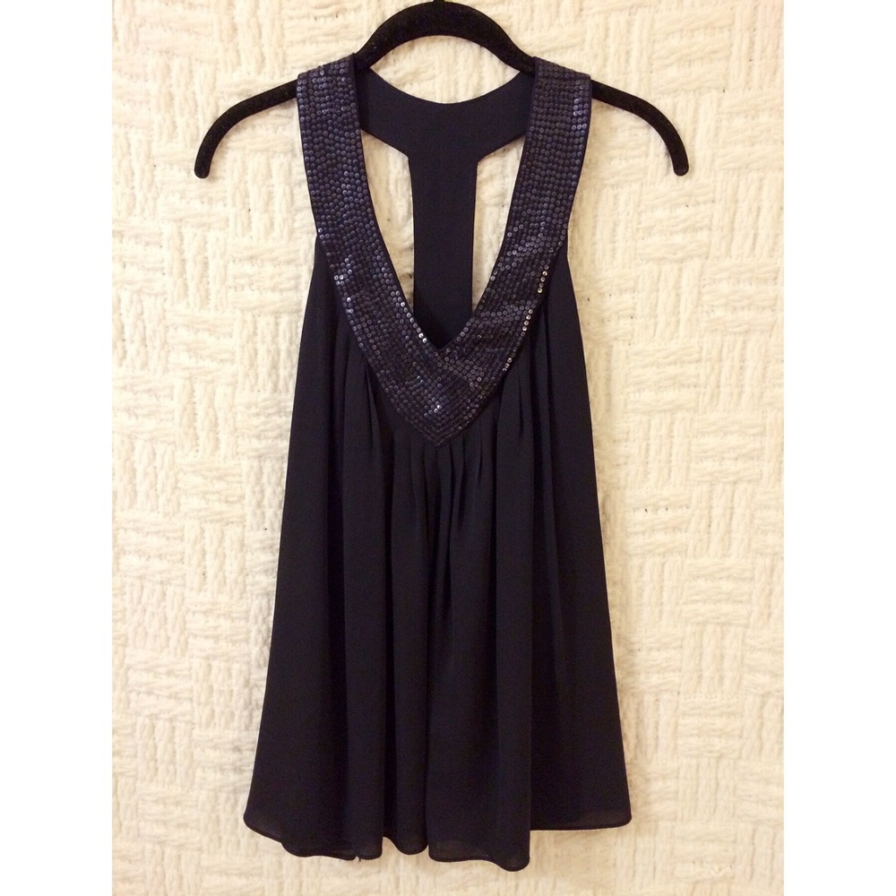 Alice + Olivia Sequin V-Neck Blouse Top Tank Dark Blue Large